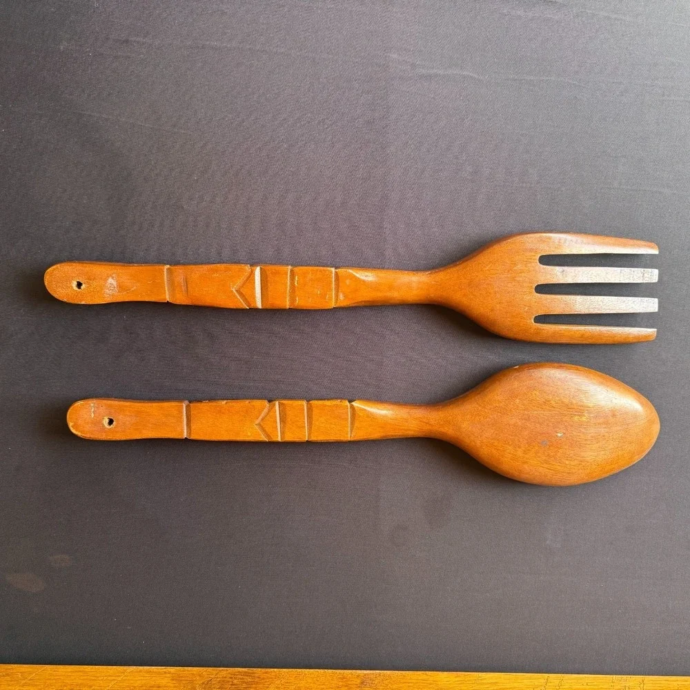 VTG Extra Large Wood Fork Spoon Carved Tiki Totem Mid Century Decor Kitchen 22